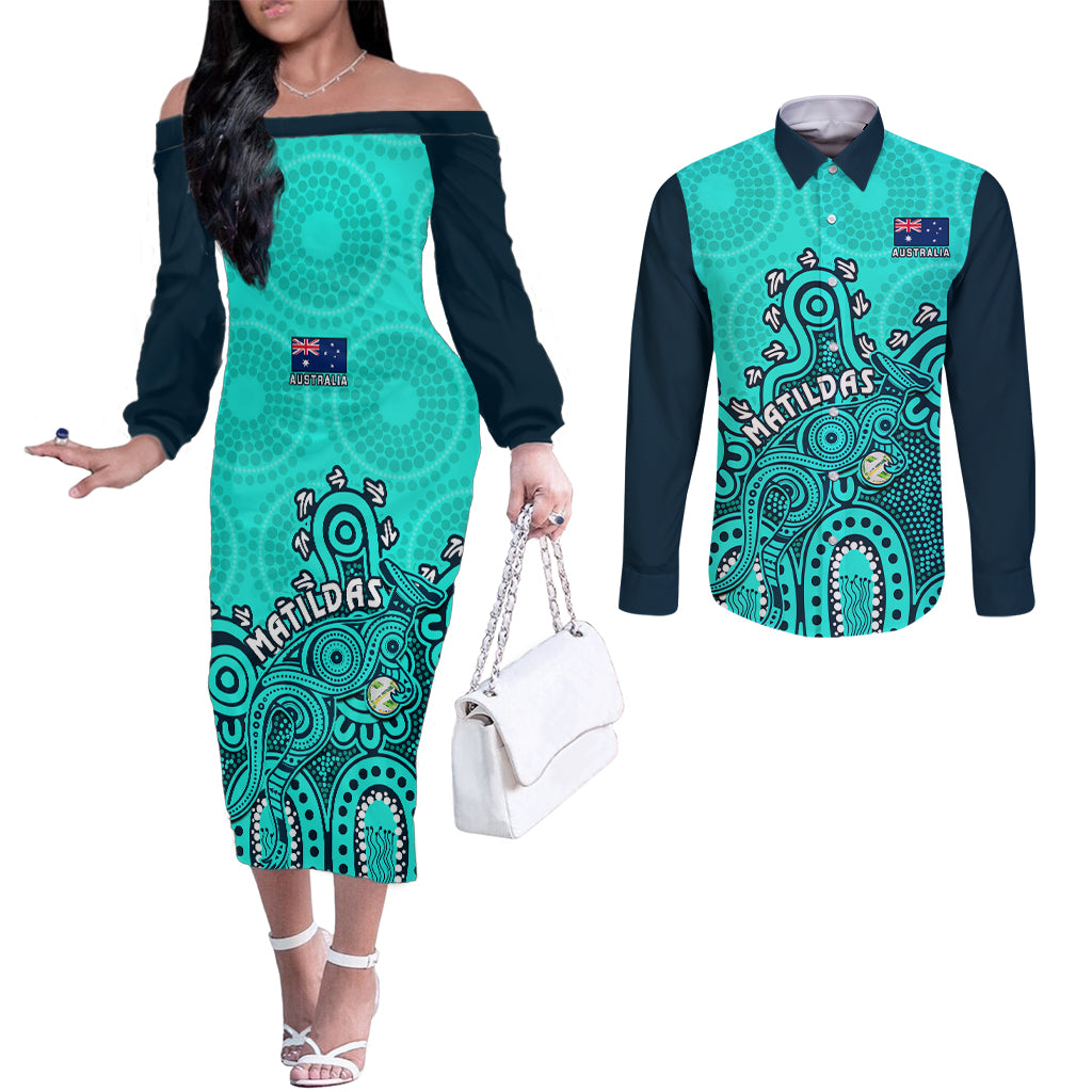 personalised-australia-soccer-couples-matching-off-the-shoulder-long-sleeve-dress-and-long-sleeve-button-shirts-aboriginal-turquoise-2023-world-cup-with-kangaroo