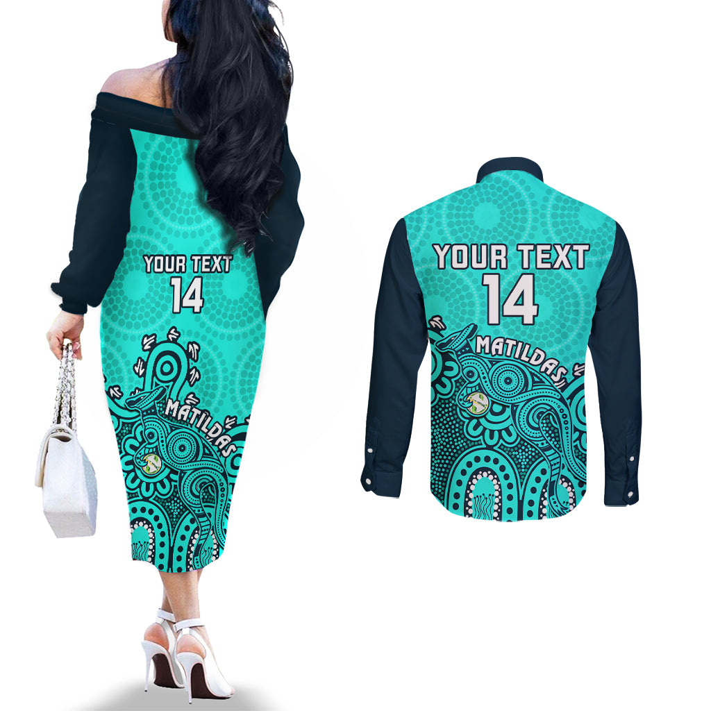 personalised-australia-soccer-couples-matching-off-the-shoulder-long-sleeve-dress-and-long-sleeve-button-shirts-aboriginal-turquoise-2023-world-cup-with-kangaroo