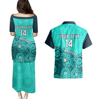 Personalised Australia Soccer Couples Matching Puletasi Dress and Hawaiian Shirt Aboriginal Turquoise 2023 World Cup With Kangaroo - Wonder Print Shop