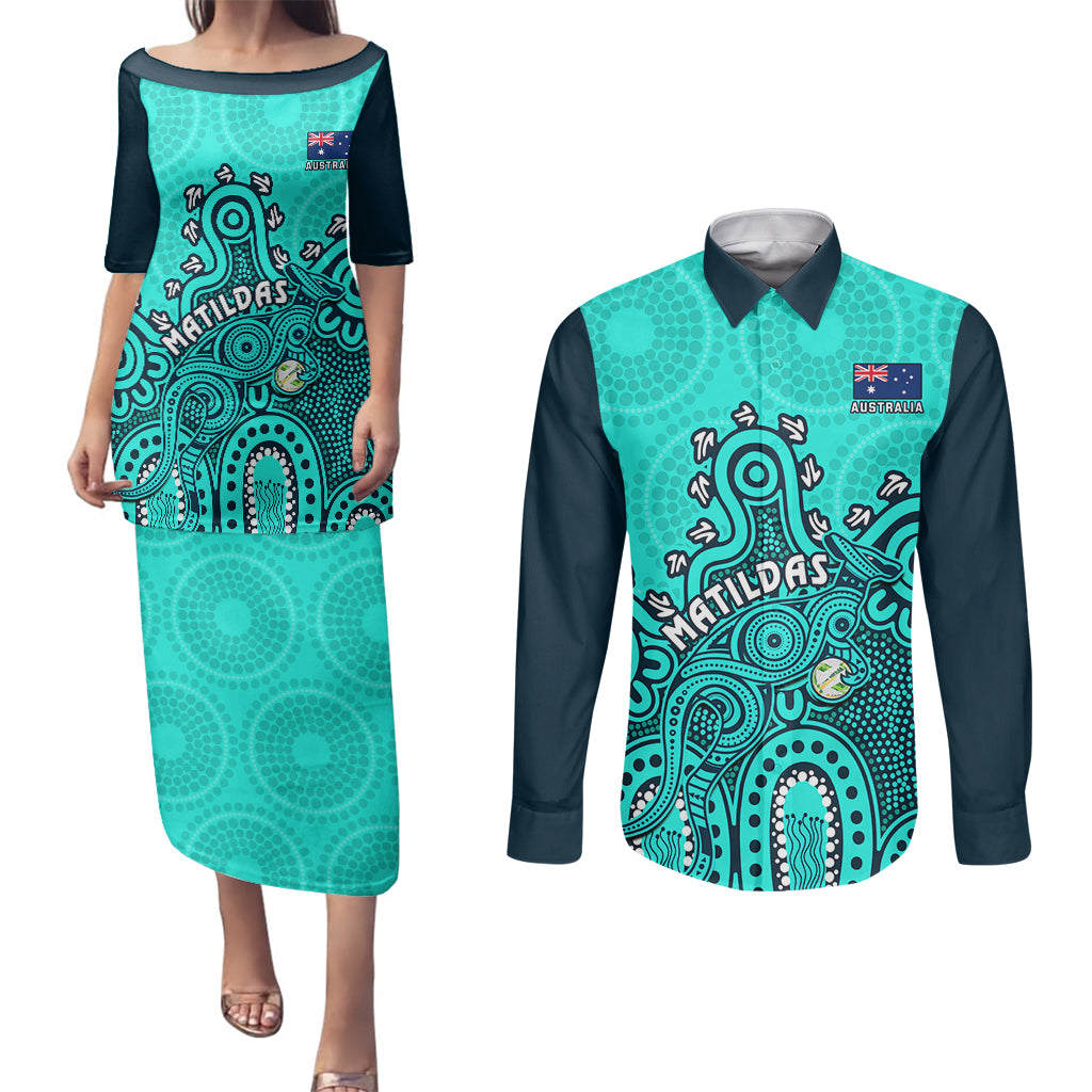 Personalised Australia Soccer Couples Matching Puletasi Dress and Long Sleeve Button Shirts Aboriginal Turquoise 2023 World Cup With Kangaroo - Wonder Print Shop