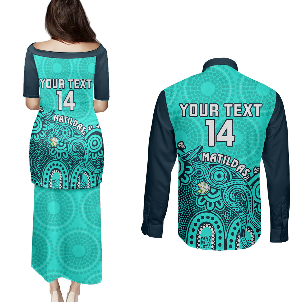 Personalised Australia Soccer Couples Matching Puletasi Dress and Long Sleeve Button Shirts Aboriginal Turquoise 2023 World Cup With Kangaroo - Wonder Print Shop