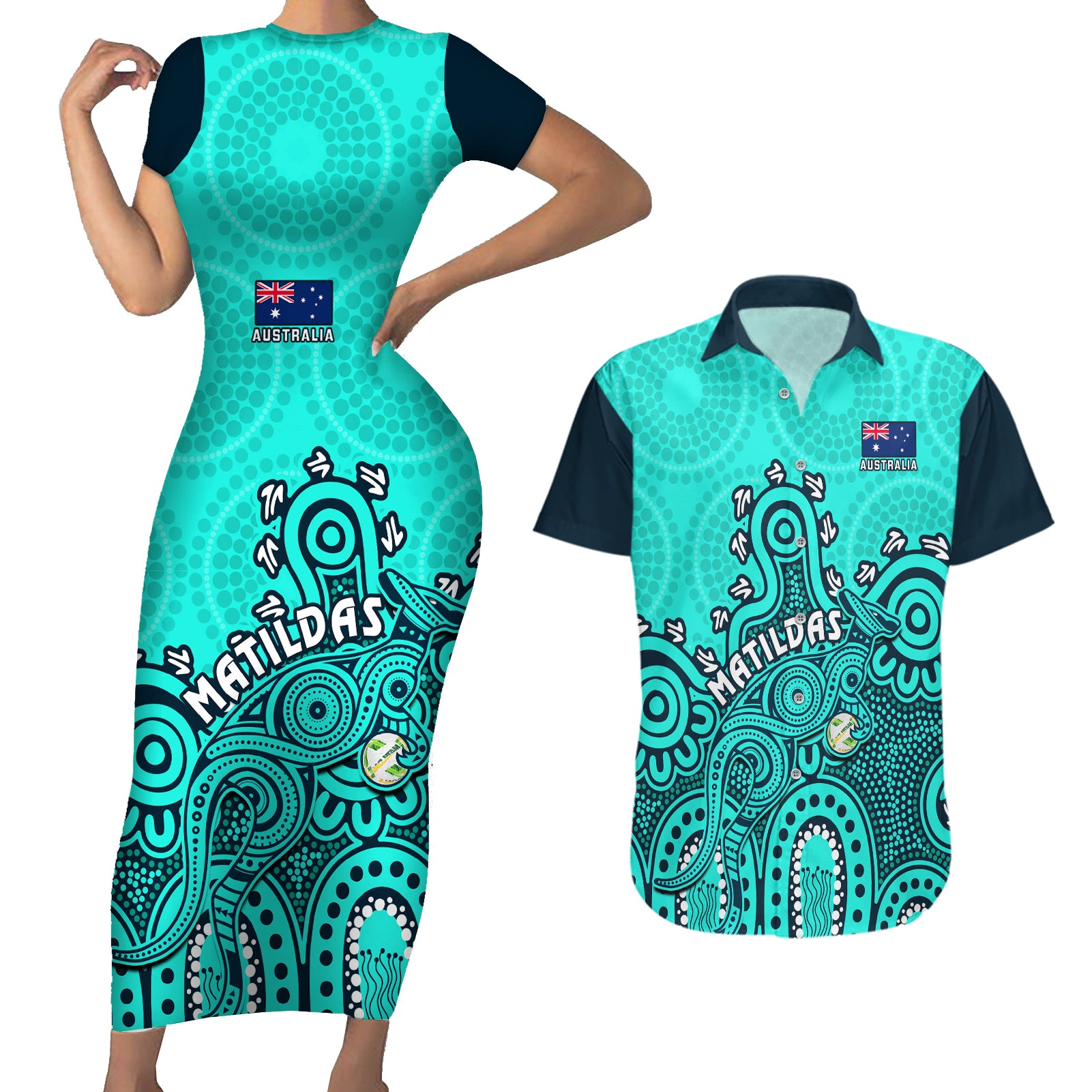 Personalised Australia Soccer Couples Matching Short Sleeve Bodycon Dress and Hawaiian Shirt Aboriginal Turquoise 2023 World Cup With Kangaroo - Wonder Print Shop