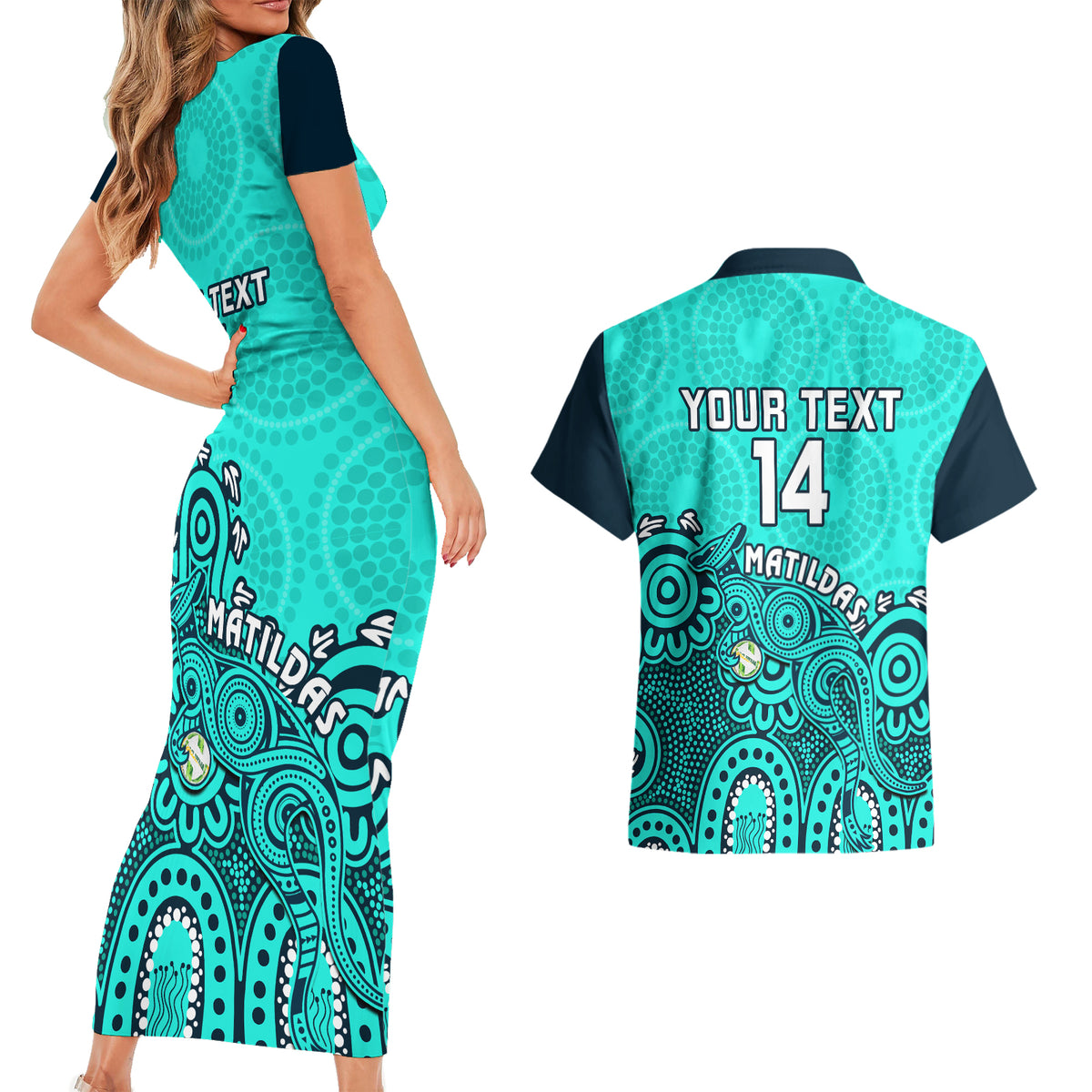 Personalised Australia Soccer Couples Matching Short Sleeve Bodycon Dress and Hawaiian Shirt Aboriginal Turquoise 2023 World Cup With Kangaroo - Wonder Print Shop