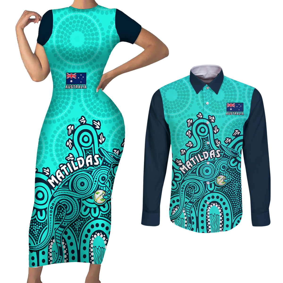 Personalised Australia Soccer Couples Matching Short Sleeve Bodycon Dress and Long Sleeve Button Shirts Aboriginal Turquoise 2023 World Cup With Kangaroo - Wonder Print Shop