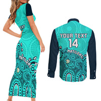 Personalised Australia Soccer Couples Matching Short Sleeve Bodycon Dress and Long Sleeve Button Shirts Aboriginal Turquoise 2023 World Cup With Kangaroo - Wonder Print Shop