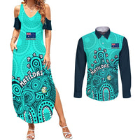 Personalised Australia Soccer Couples Matching Summer Maxi Dress and Long Sleeve Button Shirts Aboriginal Turquoise 2023 World Cup With Kangaroo - Wonder Print Shop