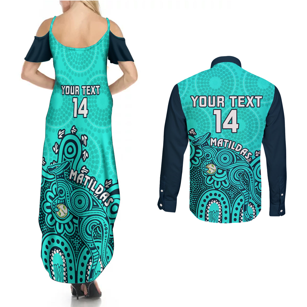 Personalised Australia Soccer Couples Matching Summer Maxi Dress and Long Sleeve Button Shirts Aboriginal Turquoise 2023 World Cup With Kangaroo - Wonder Print Shop