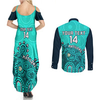 Personalised Australia Soccer Couples Matching Summer Maxi Dress and Long Sleeve Button Shirts Aboriginal Turquoise 2023 World Cup With Kangaroo - Wonder Print Shop