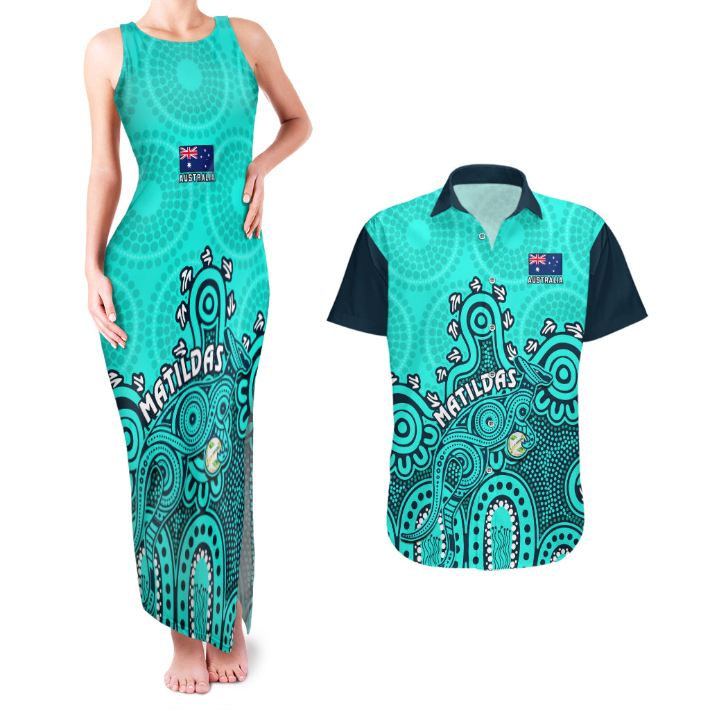 Personalised Australia Soccer Couples Matching Tank Maxi Dress and Hawaiian Shirt Aboriginal Turquoise 2023 World Cup With Kangaroo - Wonder Print Shop