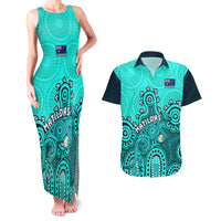 Personalised Australia Soccer Couples Matching Tank Maxi Dress and Hawaiian Shirt Aboriginal Turquoise 2023 World Cup With Kangaroo - Wonder Print Shop