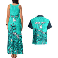 Personalised Australia Soccer Couples Matching Tank Maxi Dress and Hawaiian Shirt Aboriginal Turquoise 2023 World Cup With Kangaroo - Wonder Print Shop