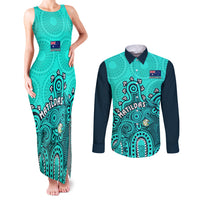 Personalised Australia Soccer Couples Matching Tank Maxi Dress and Long Sleeve Button Shirts Aboriginal Turquoise 2023 World Cup With Kangaroo - Wonder Print Shop