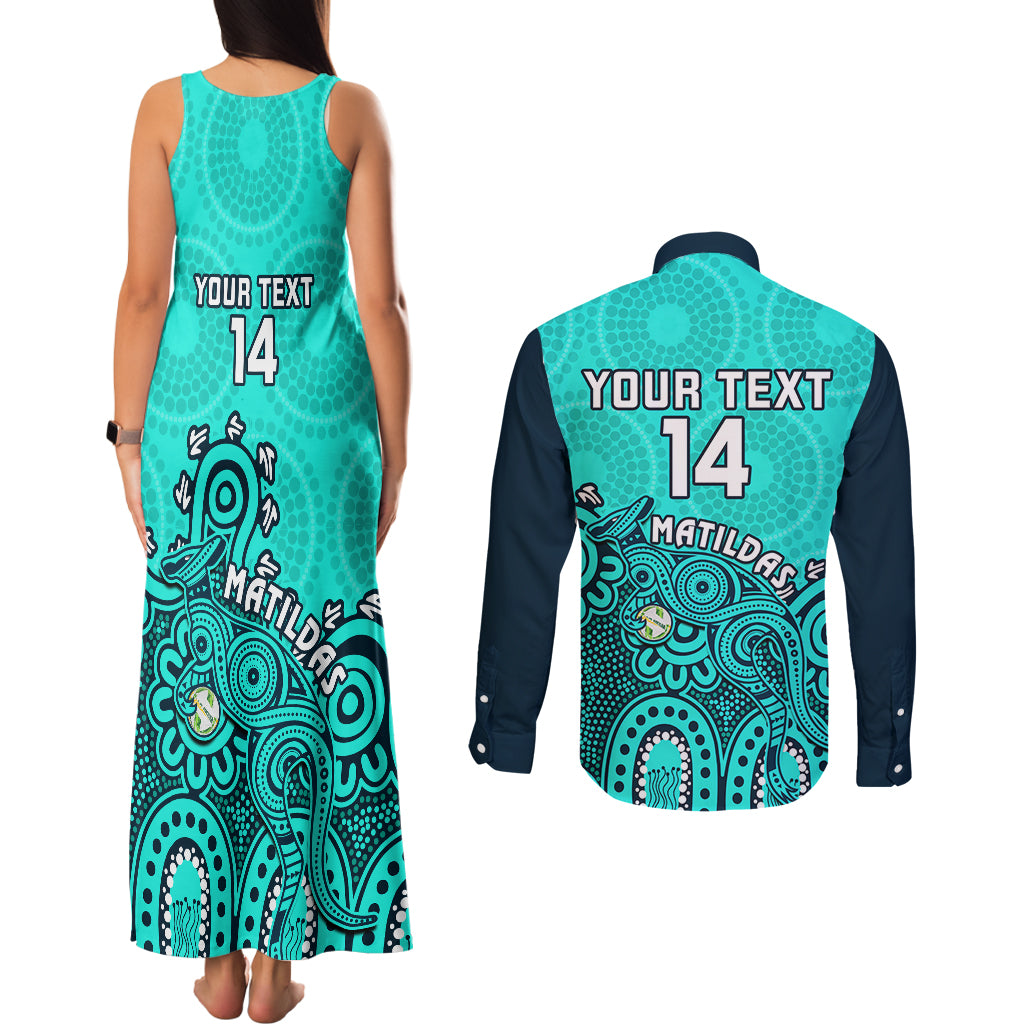 Personalised Australia Soccer Couples Matching Tank Maxi Dress and Long Sleeve Button Shirts Aboriginal Turquoise 2023 World Cup With Kangaroo - Wonder Print Shop