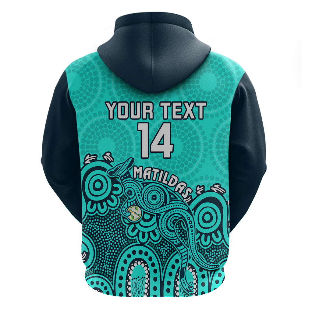Personalised Australia Soccer Hoodie Aboriginal Turquoise 2023 World Cup With Kangaroo - Wonder Print Shop