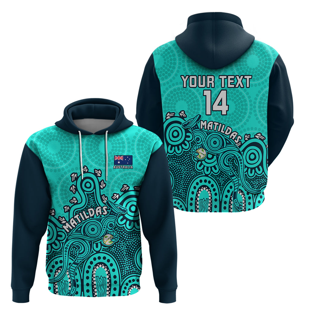 Personalised Australia Soccer Hoodie Aboriginal Turquoise 2023 World Cup With Kangaroo - Wonder Print Shop