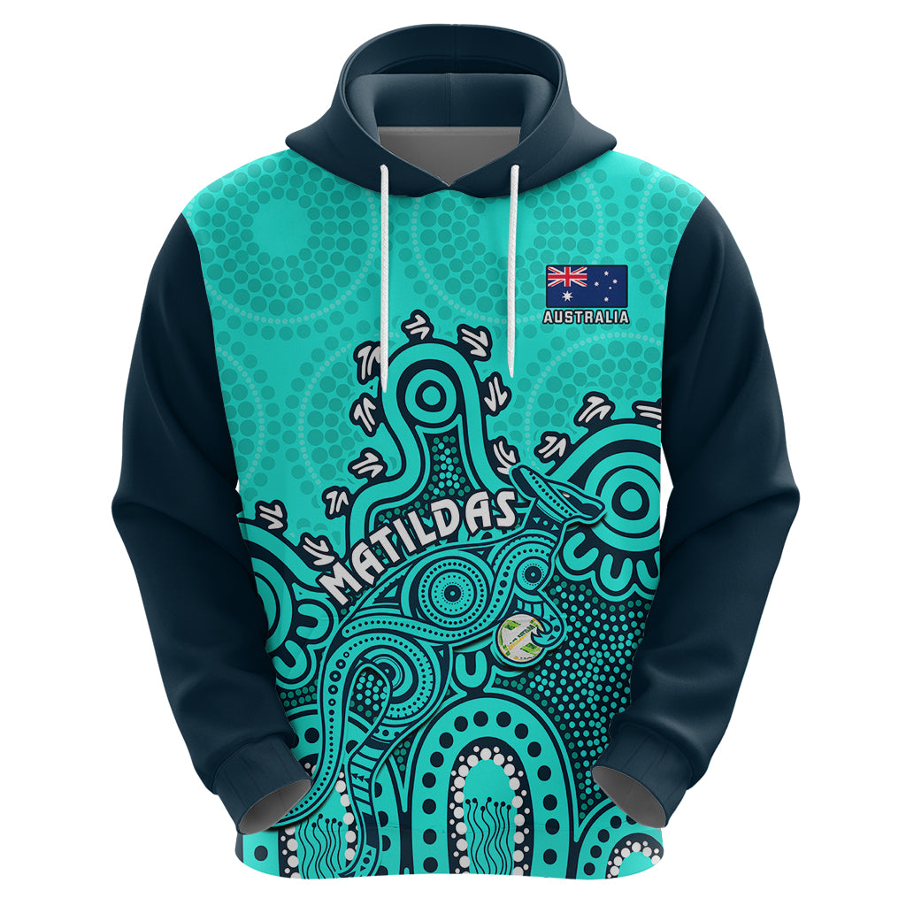 Personalised Australia Soccer Hoodie Aboriginal Turquoise 2023 World Cup With Kangaroo - Wonder Print Shop