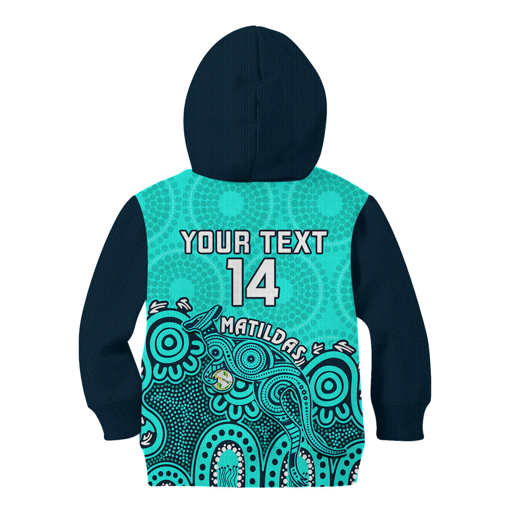 Personalised Australia Soccer Kid Hoodie Aboriginal Turquoise 2023 World Cup With Kangaroo - Wonder Print Shop