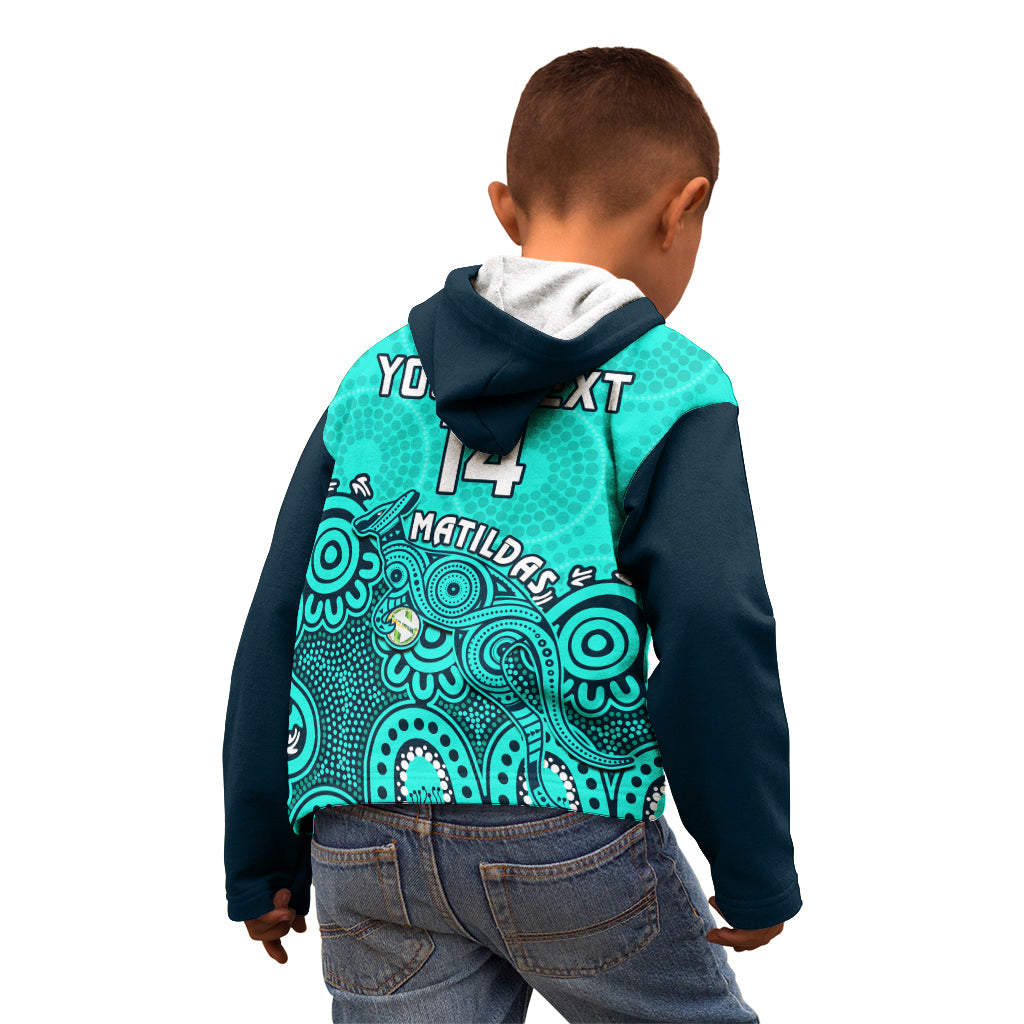 Personalised Australia Soccer Kid Hoodie Aboriginal Turquoise 2023 World Cup With Kangaroo - Wonder Print Shop