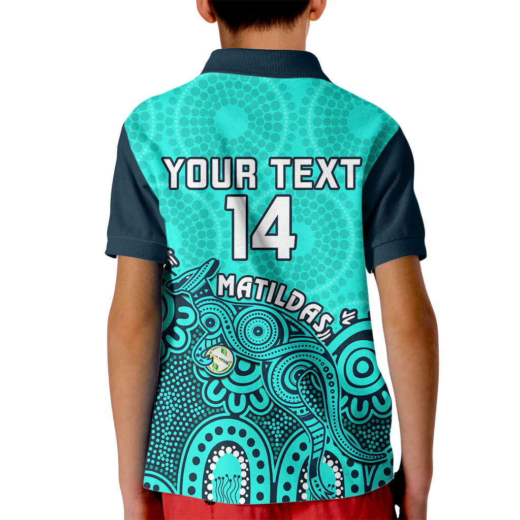 Personalised Australia Soccer Kid Polo Shirt Aboriginal Turquoise 2023 World Cup With Kangaroo - Wonder Print Shop