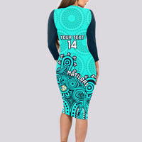 Personalised Australia Soccer Long Sleeve Bodycon Dress Aboriginal Turquoise 2023 World Cup With Kangaroo - Wonder Print Shop