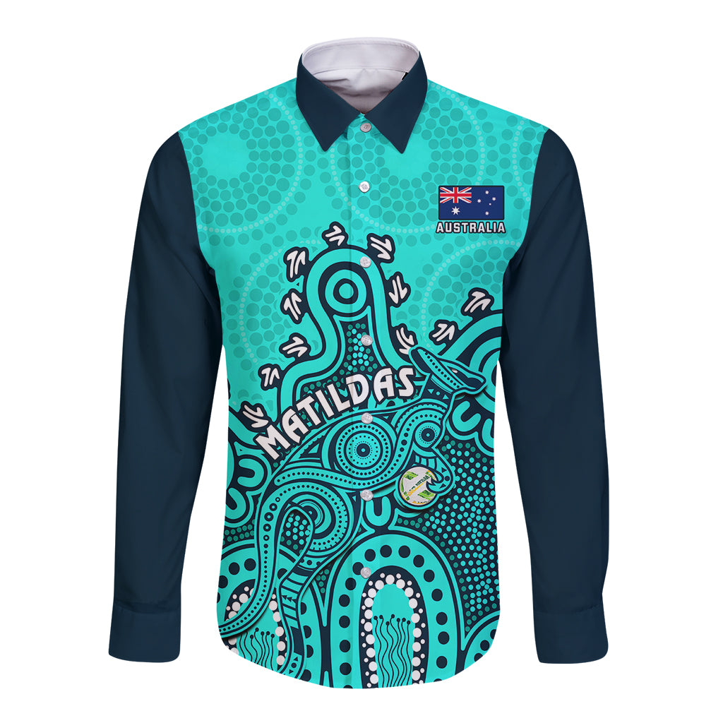 Personalised Australia Soccer Long Sleeve Button Shirt Aboriginal Turquoise 2023 World Cup With Kangaroo - Wonder Print Shop
