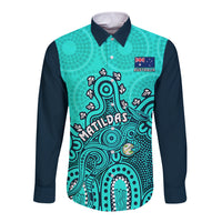 Personalised Australia Soccer Long Sleeve Button Shirt Aboriginal Turquoise 2023 World Cup With Kangaroo - Wonder Print Shop