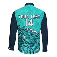 Personalised Australia Soccer Long Sleeve Button Shirt Aboriginal Turquoise 2023 World Cup With Kangaroo - Wonder Print Shop