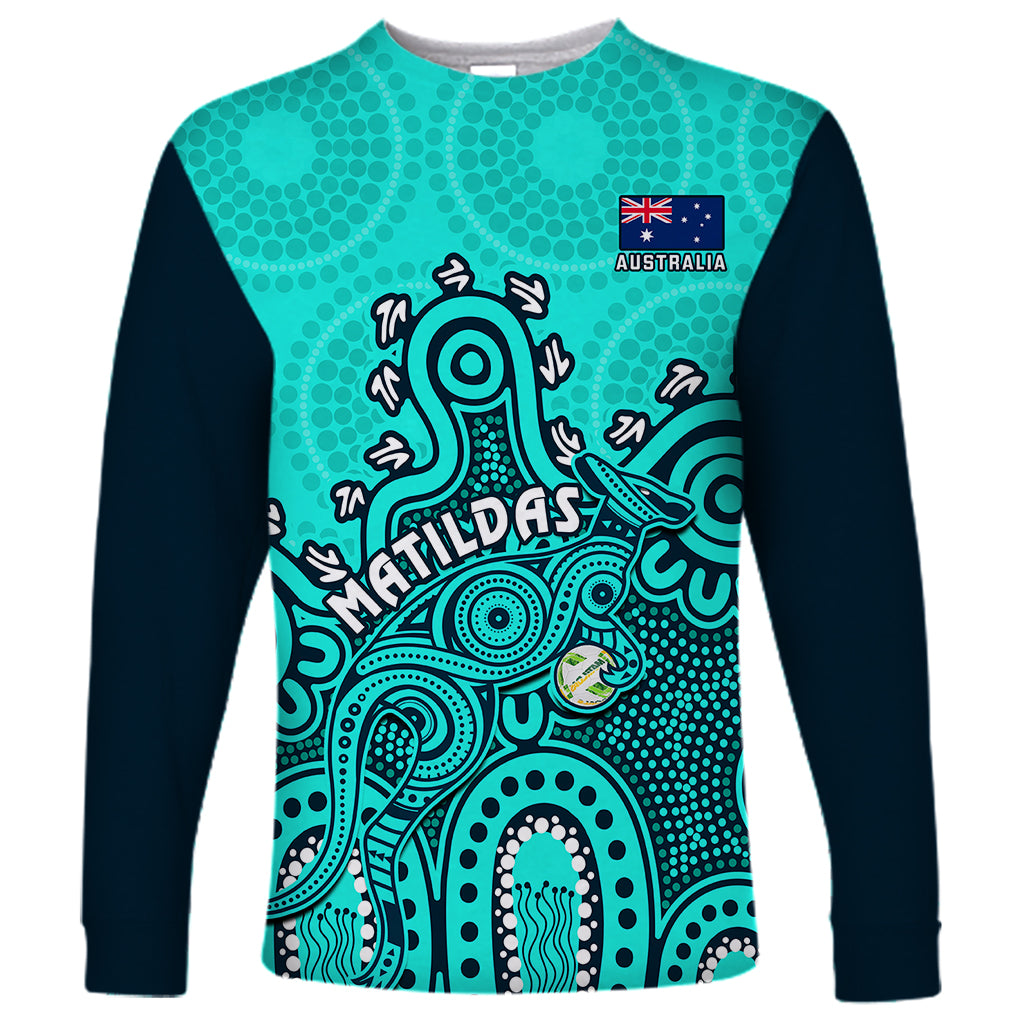Personalised Australia Soccer Long Sleeve Shirt Aboriginal Turquoise 2023 World Cup With Kangaroo - Wonder Print Shop