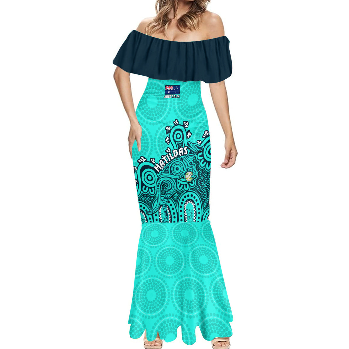 Personalised Australia Soccer Mermaid Dress Aboriginal Turquoise 2023 World Cup With Kangaroo - Wonder Print Shop