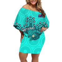 Personalised Australia Soccer Off Shoulder Short Dress Aboriginal Turquoise 2023 World Cup With Kangaroo - Wonder Print Shop