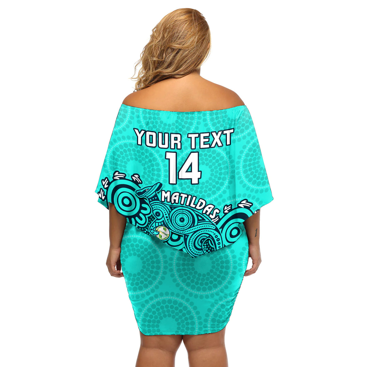 Personalised Australia Soccer Off Shoulder Short Dress Aboriginal Turquoise 2023 World Cup With Kangaroo - Wonder Print Shop