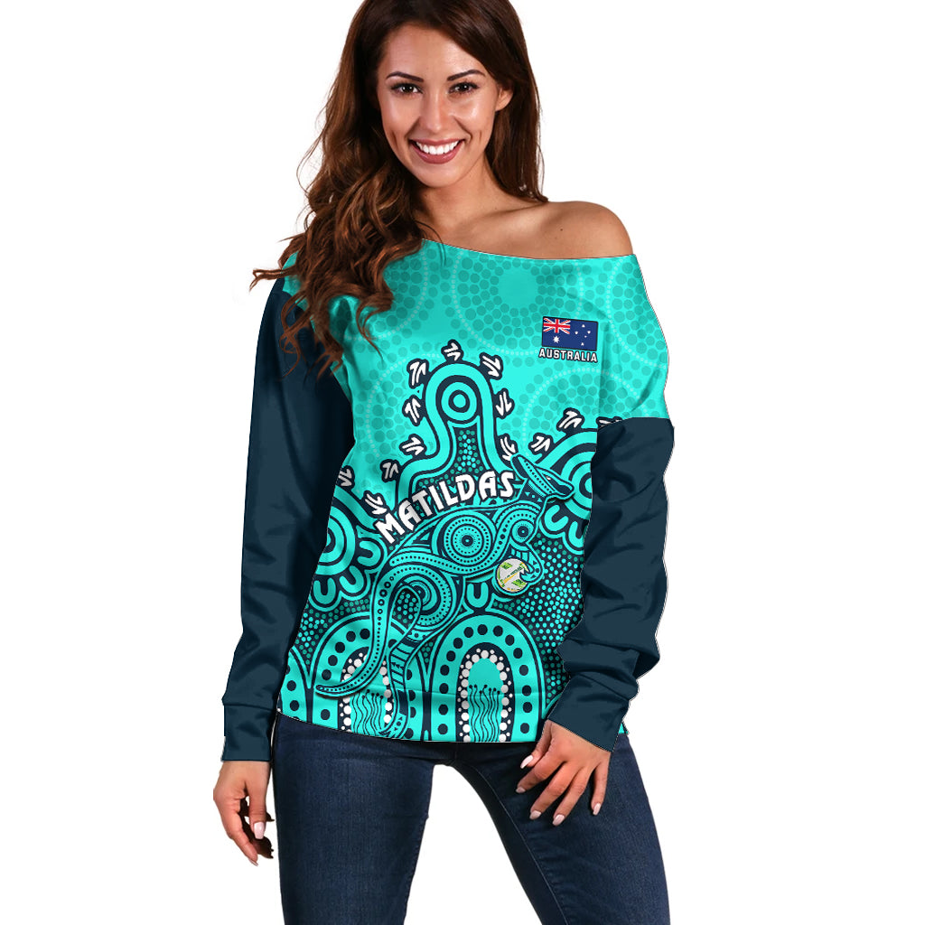 Personalised Australia Soccer Off Shoulder Sweater Aboriginal Turquoise 2023 World Cup With Kangaroo - Wonder Print Shop