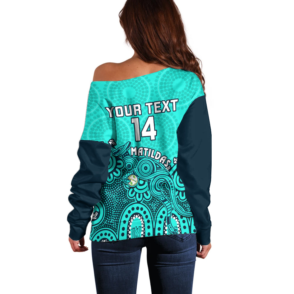 Personalised Australia Soccer Off Shoulder Sweater Aboriginal Turquoise 2023 World Cup With Kangaroo - Wonder Print Shop