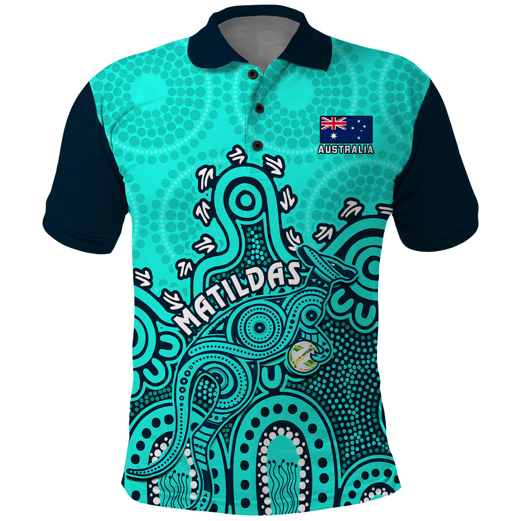 Personalised Australia Soccer Polo Shirt Aboriginal Turquoise 2023 World Cup With Kangaroo - Wonder Print Shop