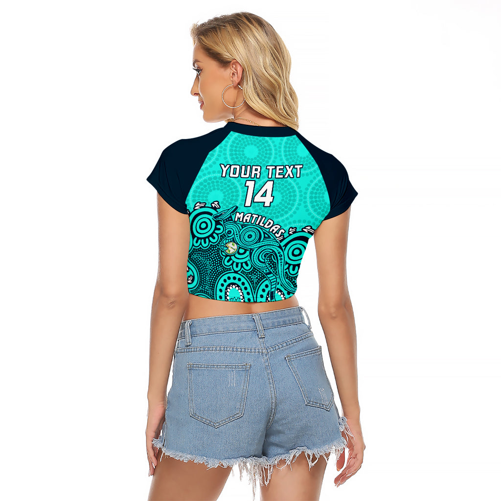 Personalised Australia Soccer Raglan Cropped T Shirt Aboriginal Turquoise 2023 World Cup With Kangaroo - Wonder Print Shop