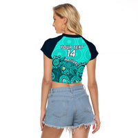 Personalised Australia Soccer Raglan Cropped T Shirt Aboriginal Turquoise 2023 World Cup With Kangaroo - Wonder Print Shop