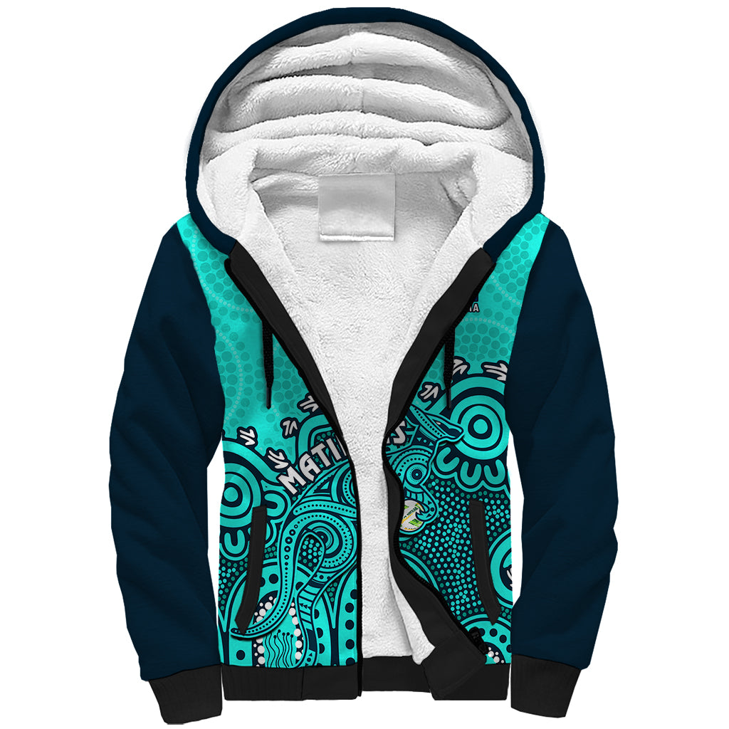 Personalised Australia Soccer Sherpa Hoodie Aboriginal Turquoise 2023 World Cup With Kangaroo - Wonder Print Shop