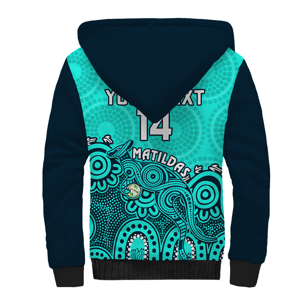 Personalised Australia Soccer Sherpa Hoodie Aboriginal Turquoise 2023 World Cup With Kangaroo - Wonder Print Shop