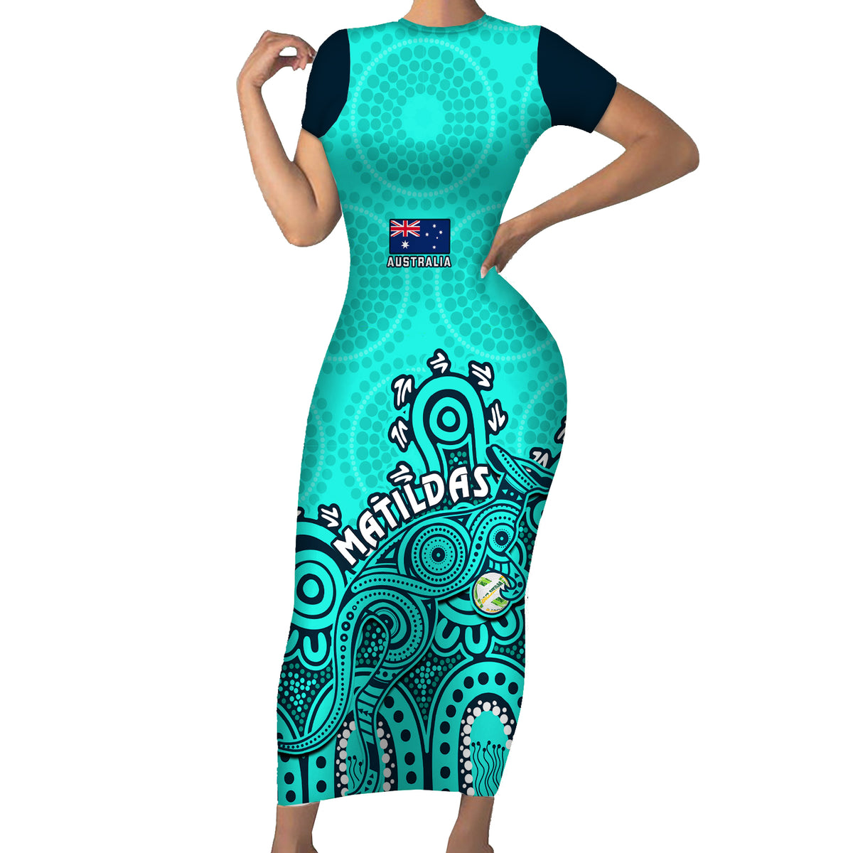Personalised Australia Soccer Short Sleeve Bodycon Dress Aboriginal Turquoise 2023 World Cup With Kangaroo - Wonder Print Shop