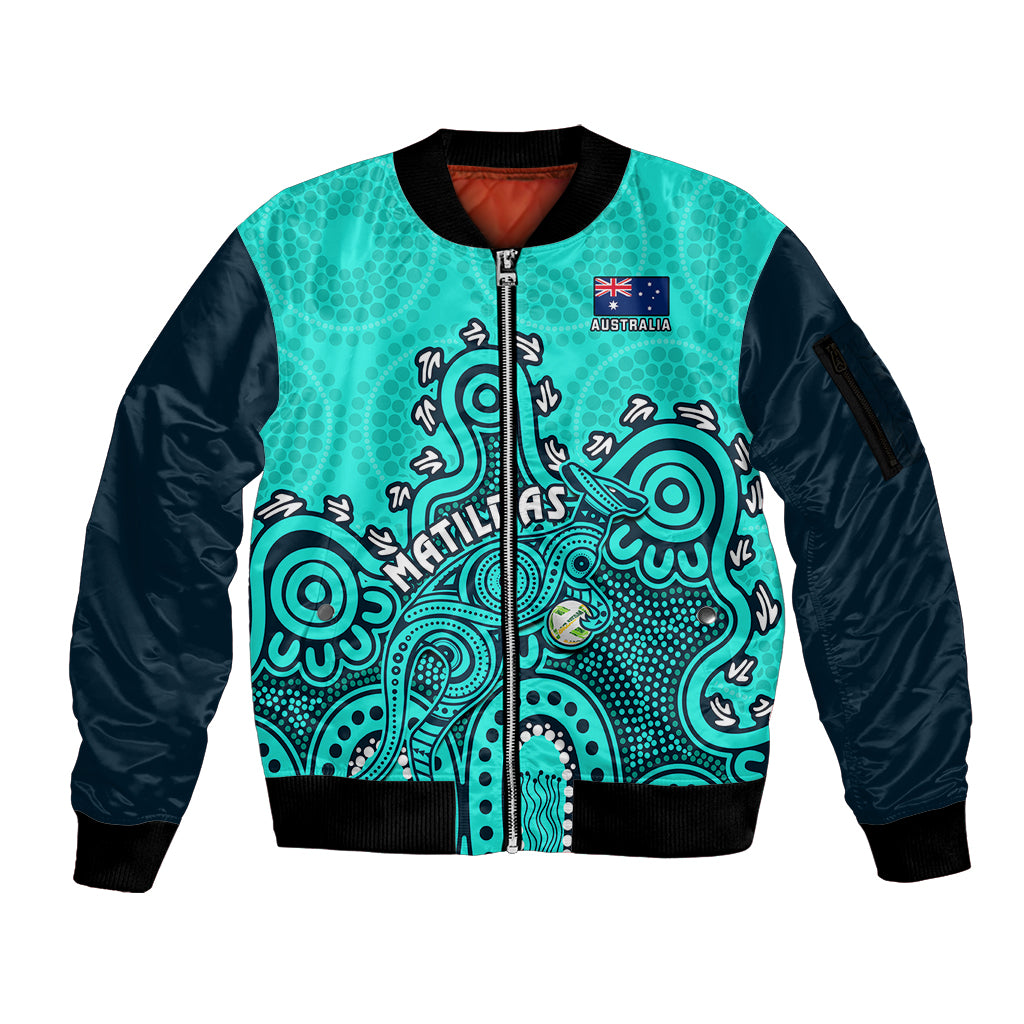 Personalised Australia Soccer Sleeve Zip Bomber Jacket Aboriginal Turquoise 2023 World Cup With Kangaroo - Wonder Print Shop