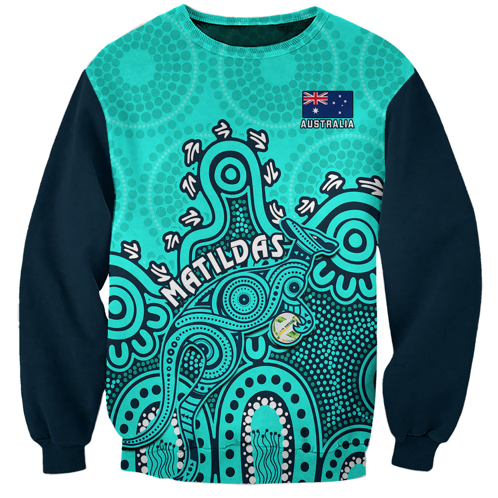 Personalised Australia Soccer Sweatshirt Aboriginal Turquoise 2023 World Cup With Kangaroo - Wonder Print Shop