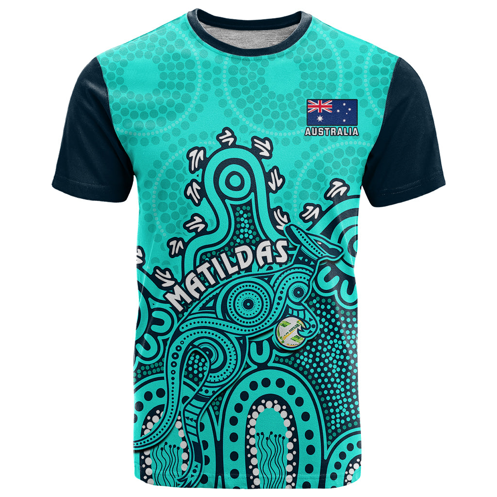 Personalised Australia Soccer T Shirt Aboriginal Turquoise 2023 World Cup With Kangaroo - Wonder Print Shop