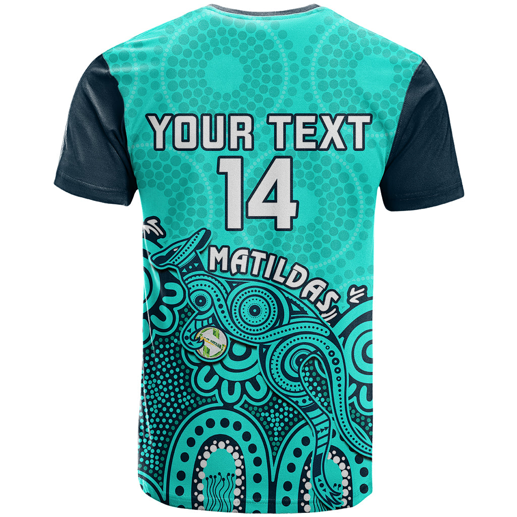 Personalised Australia Soccer T Shirt Aboriginal Turquoise 2023 World Cup With Kangaroo - Wonder Print Shop