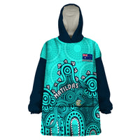 Personalised Australia Soccer Wearable Blanket Hoodie Aboriginal Turquoise 2023 World Cup With Kangaroo - Wonder Print Shop