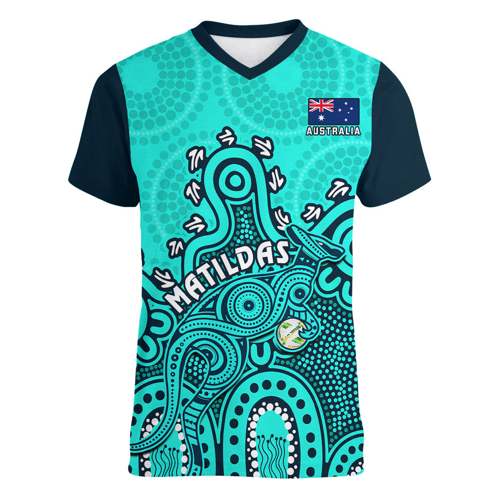 Personalised Australia Soccer Women V Neck T Shirt Aboriginal Turquoise 2023 World Cup With Kangaroo - Wonder Print Shop