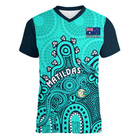 Personalised Australia Soccer Women V Neck T Shirt Aboriginal Turquoise 2023 World Cup With Kangaroo - Wonder Print Shop