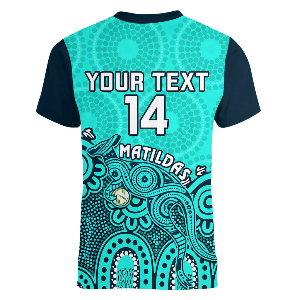 Personalised Australia Soccer Women V Neck T Shirt Aboriginal Turquoise 2023 World Cup With Kangaroo - Wonder Print Shop
