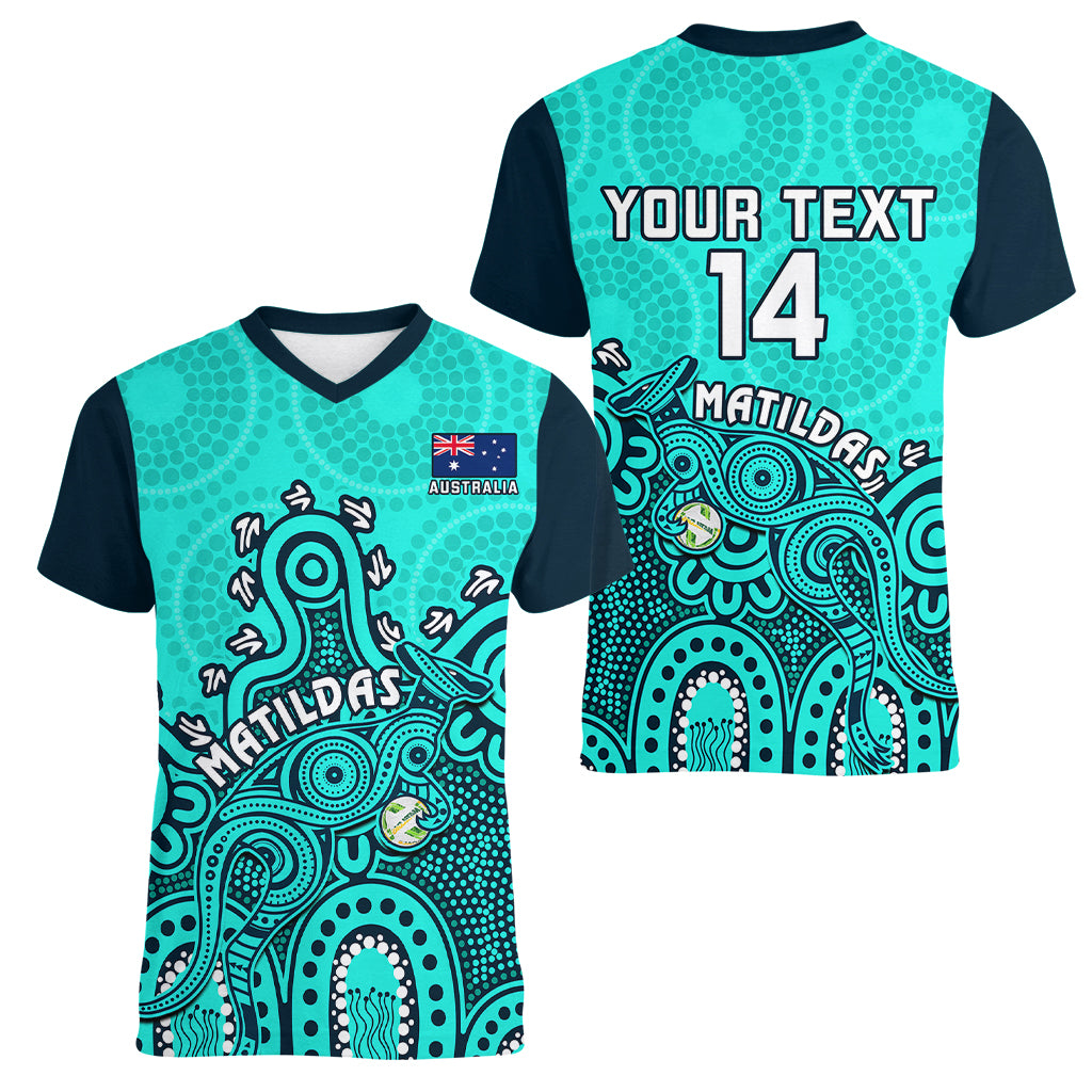 Personalised Australia Soccer Women V Neck T Shirt Aboriginal Turquoise 2023 World Cup With Kangaroo - Wonder Print Shop