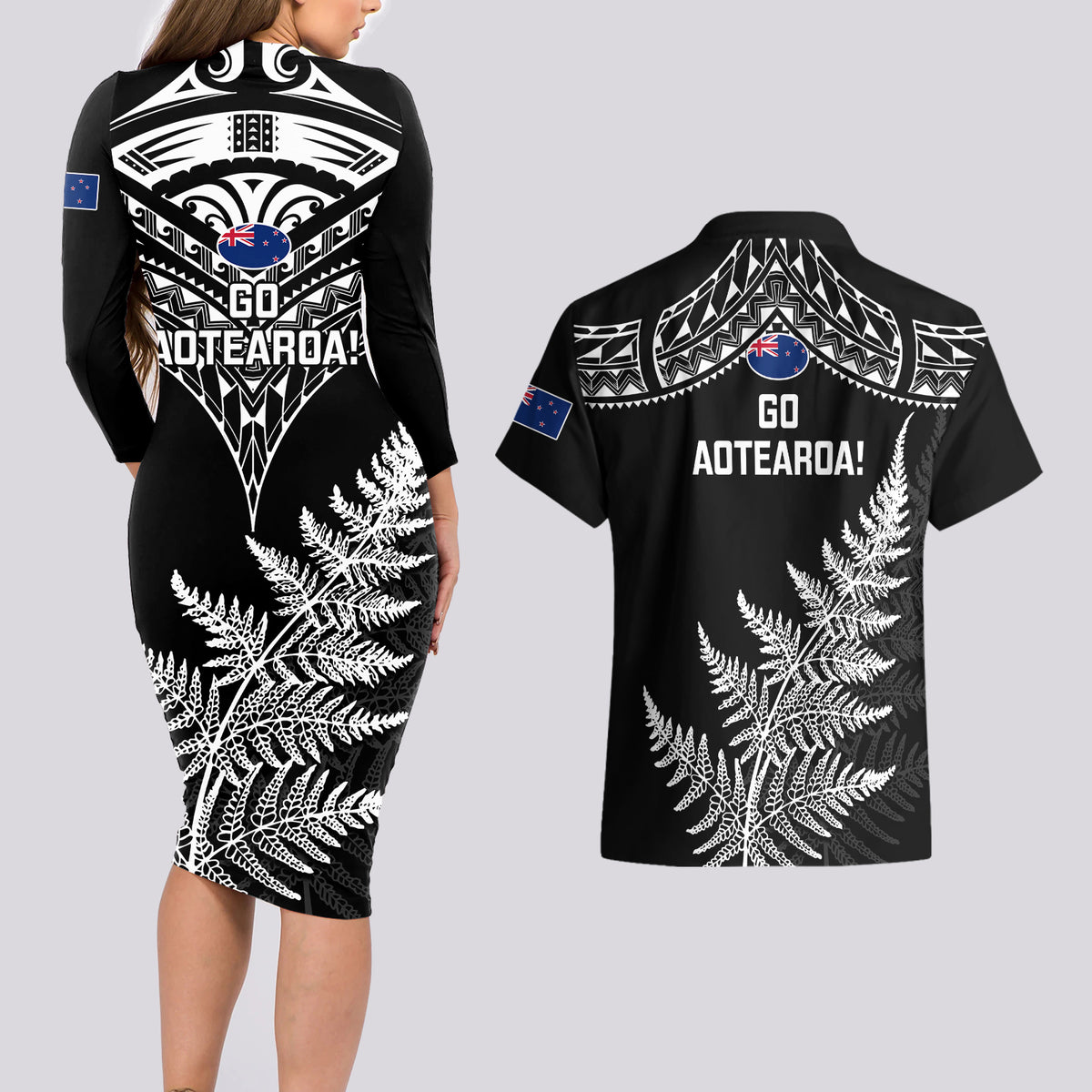 New Zealand Silver Fern Rugby Couples Matching Long Sleeve Bodycon Dress and Hawaiian Shirt Go All Black 2023 World Cup - Wonder Print Shop