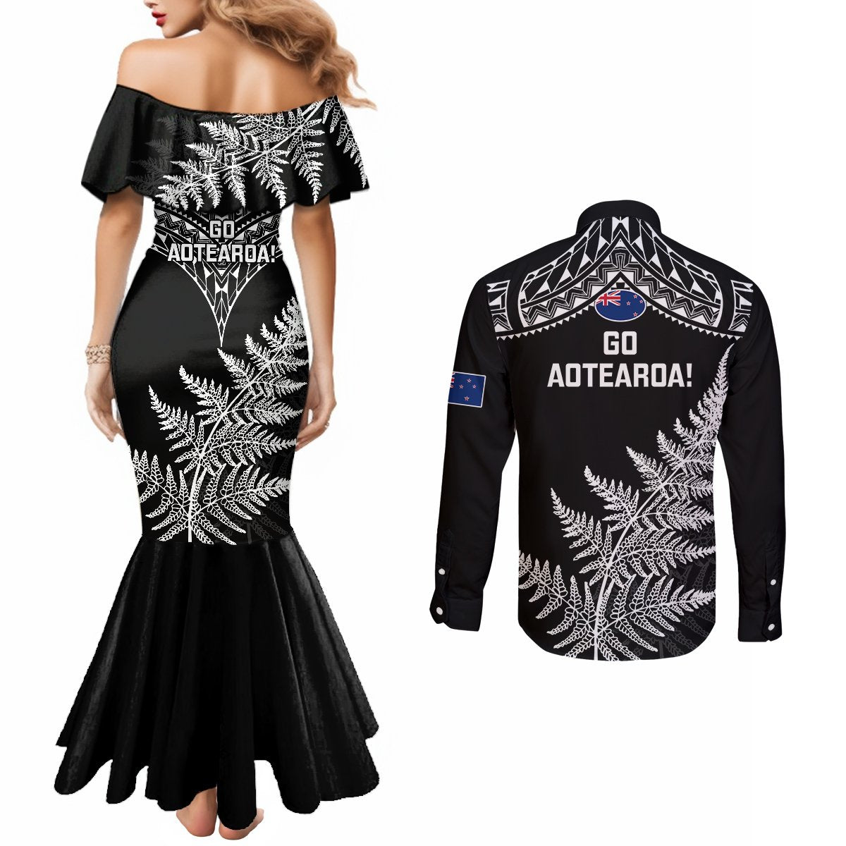 new-zealand-silver-fern-rugby-couples-matching-mermaid-dress-and-long-sleeve-button-shirts-go-all-black-2023-world-cup
